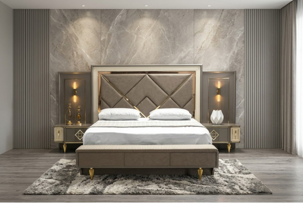 Luxus 3-deelige Schlofzëmmer Set Bett an 2x Nopeschdëscher Design Textil 3-deelige Sets