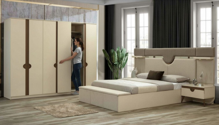 Stilvoll Miwwel 4tlg. Schlofzëmmer Set Bett 2x Nuetsdësch Kleederschaf Nei
