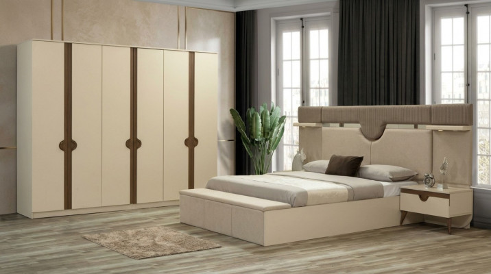 Stilvoll Miwwel 4tlg. Schlofzëmmer Set Bett 2x Nuetsdësch Kleederschaf Nei