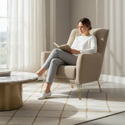 Design Still Luxus Beige Fotell Relax Holz mat Edelstahl Fotell nei