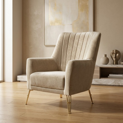 Design Still Luxus Beige Fotell Relax Holz mat Edelstahl Fotell nei