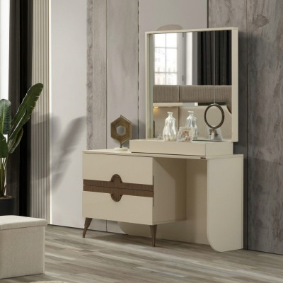 Beige Schminktisch mat Spigel Schlofkummer Miwweldesign Konsol Neien