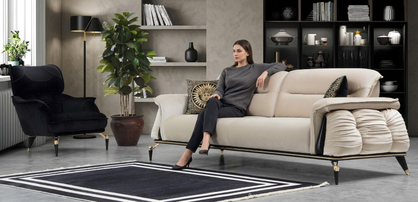 Luxus 2-Stéck Wunnzëmmerset, 3-Sëtzer Sofa mat Fauteuil Modernen Design Canapé