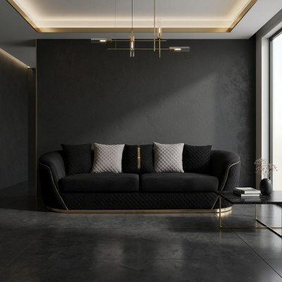 Designer 3-Sëtzer Canapé Luxus Holz Miwwel Textil Polstermiwwel Couch Stoff.