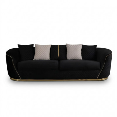 Designer 3-Sëtzer Canapé Luxus Holz Miwwel Textil Polstermiwwel Couch Stoff.