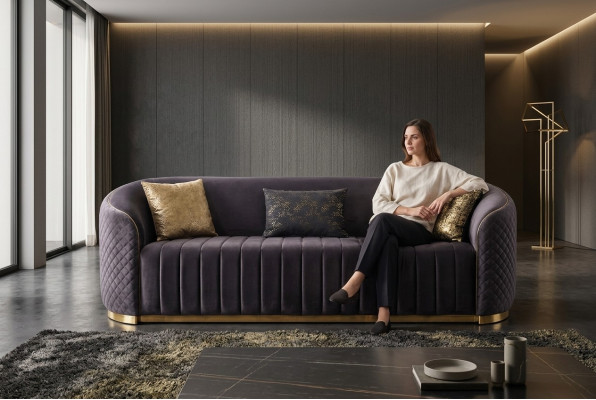 Sofa Luxus Wunnzëmmer Modern Dräisëtzer Miwwelen schwaarz 3 Sëtzer Holz Textil