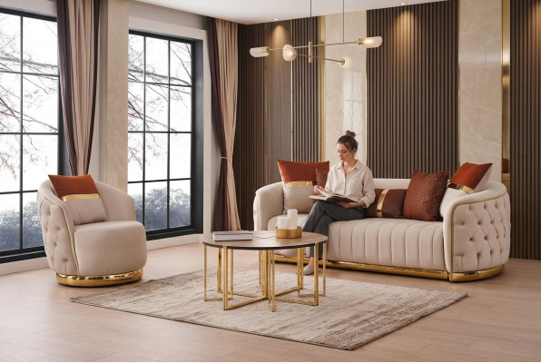 Set 2 tlg Wunnzëmmer Sofagarnitur Dräisitze Sofa Canapé Modern Fotell Stoff