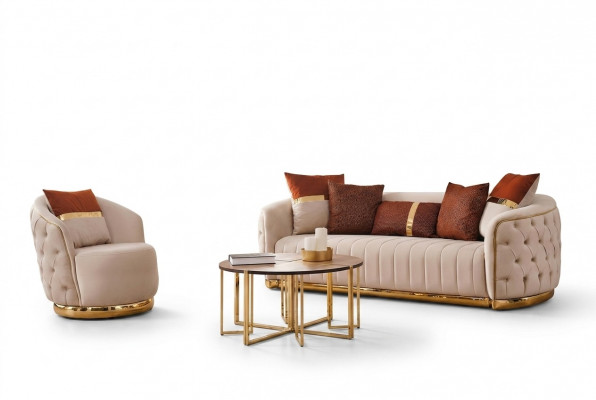 Set 2 tlg Wunnzëmmer Sofagarnitur Dräisitze Sofa Canapé Modern Fotell Stoff