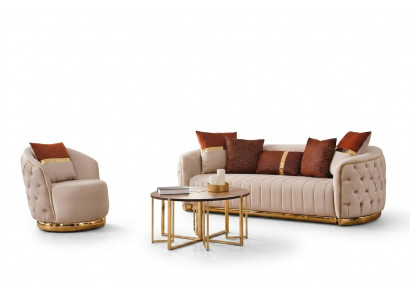Set 2 tlg Wunnzëmmer Sofagarnitur Dräisitze Sofa Canapé Modern Fotell Stoff