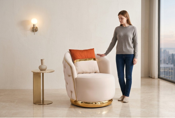 Design Zëtz Luxus beige, Relax Stoff mat Edelstahl Club Sëtzstuhl.