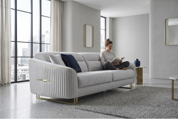 Canapé 3-Sëtzer Polstersofa wäiss Textil Sëtz Design Canapé Modern Nei
