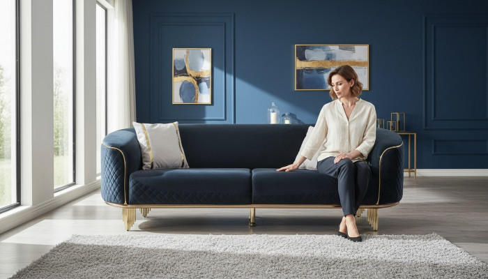 Modern Neie Sofa 3 Sëtzer Polstersofa Blo Textil Sëtz Design Canapéiert