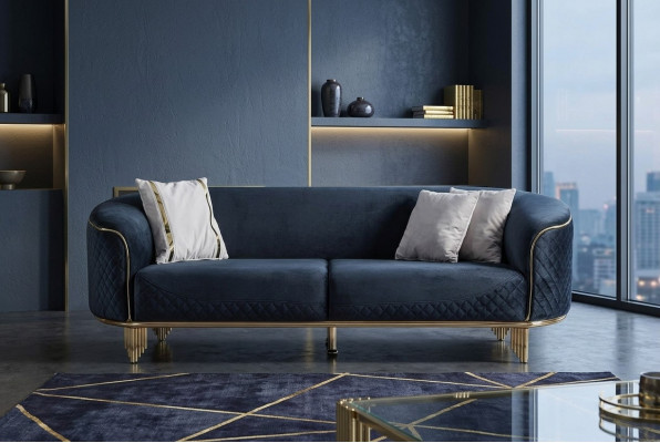Modern Neie Sofa 3 Sëtzer Polstersofa Blo Textil Sëtz Design Canapéiert