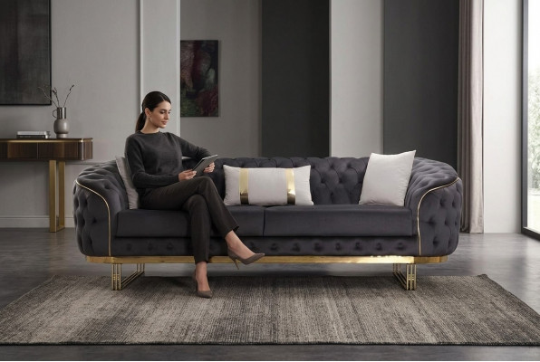 Designer Canapé 3 Sëtzer Textil Couch Polster Sofas Design Braun Chesterfield