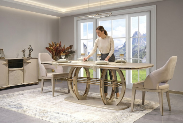 Iessdësch Iesszëmmerdësch Iesseck Iesszëmmersmiwwelen Dësch Holz Gold Beige