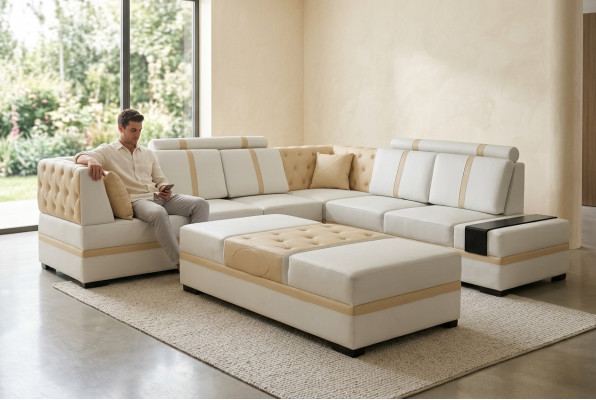Designer Sofa Luxus Eckcouch mat Hocker Polster Garnitur Wunnzëmmer L-Form