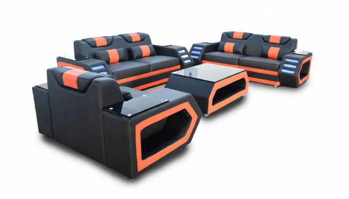 Designer Sofagarnitur Sofa Polsterset 3+2+1 Ledersofa beliicht Lieder