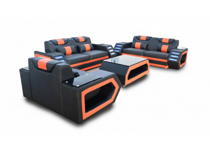 Designer Sofagarnitur Sofa Polsterset 3+2+1 Ledersofa beliicht Lieder