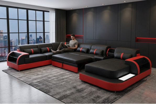 Multifunktion Sofa Canapé Wunnlandschaft Couchen Polster Sofas LED Bettfunktioun