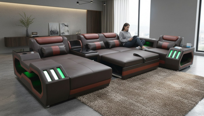 Luxus Ecksofa U-Form Wunnzëmmer Sofa mat Schloffunktion Couch Miwwelen LED