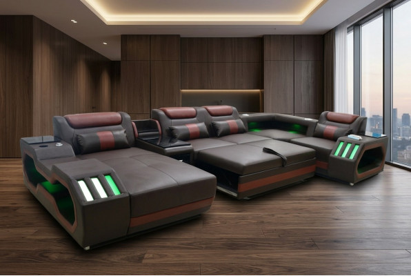 Luxus Ecksofa U-Form Wunnzëmmer Sofa mat Schloffunktion Couch Miwwelen LED