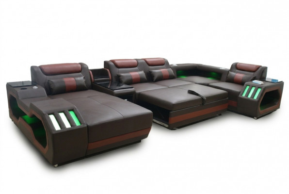 Luxus Ecksofa U-Form Wunnzëmmer Sofa mat Schloffunktion Couch Miwwelen LED