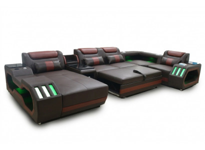Luxus Ecksofa U-Form Wunnzëmmer Sofa mat Schloffunktion Couch Miwwelen LED