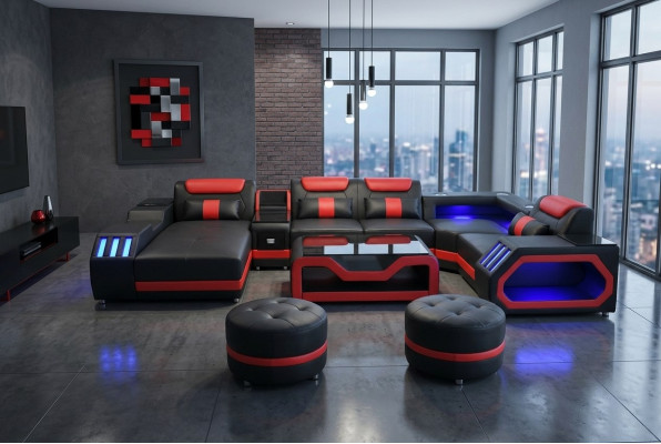 Designer Wunnzëmmer Set besteet aus 4 Deeler. Modern Set a schwaarzer Faarf beliicht.