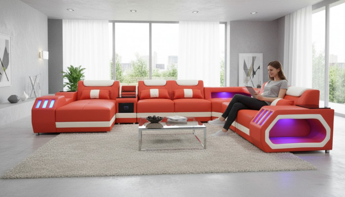 Ecksofa U-Form Orange Wunnlandschaft Canapé Polster Eckgarnitur Sofa Modern