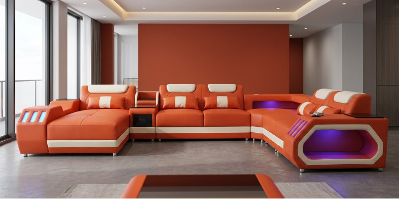 Ecksofa U-Form Orange Wunnlandschaft Canapé Polster Eckgarnitur Sofa Modern