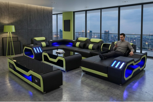 Wunnzëmmer Set U-Form Ecksofa Couchtisch an TV-Stänn Modern Neit