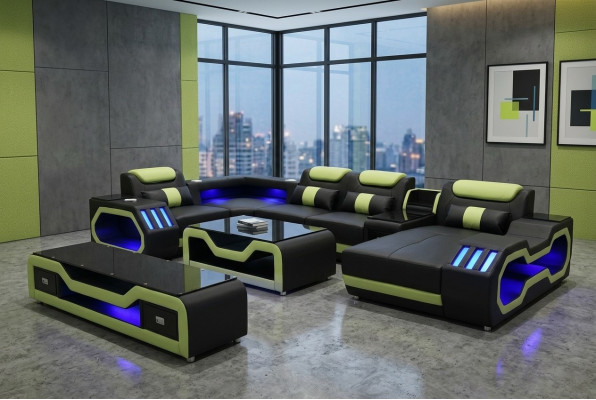 Wunnzëmmer Set U-Form Ecksofa Couchtisch an TV-Stänn Modern Neit