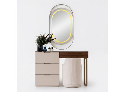 Beiger Schminktisch Spigel Schlofzëmmer Kosmetiktisch Luxus 2-Stéck Set