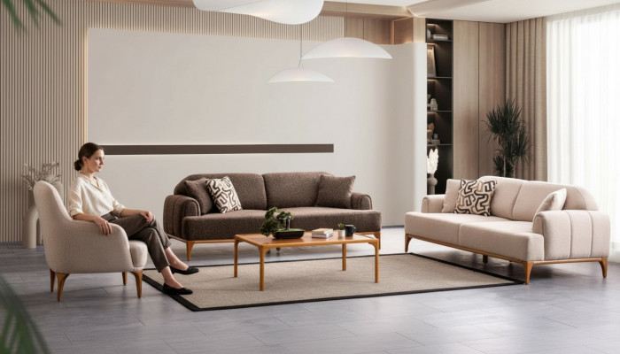 Modern Beige Sofa Set 3+3+1 Sëtz Living Room Miwwelen Luxus Set Sofa