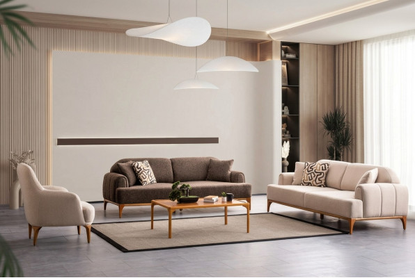 Modern Beige Sofa Set 3+3+1 Sëtz Living Room Miwwelen Luxus Set Sofa