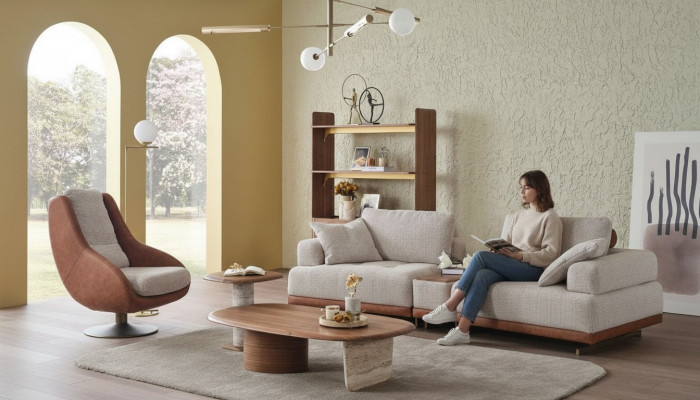 Modern Sofagarnitur 3+1 Sëtzer Beige Design Set Wunnzëmmer Sofa Couch