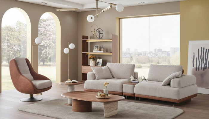 Modern Sofagarnitur 3+1 Sëtzer Beige Design Set Wunnzëmmer Sofa Couch