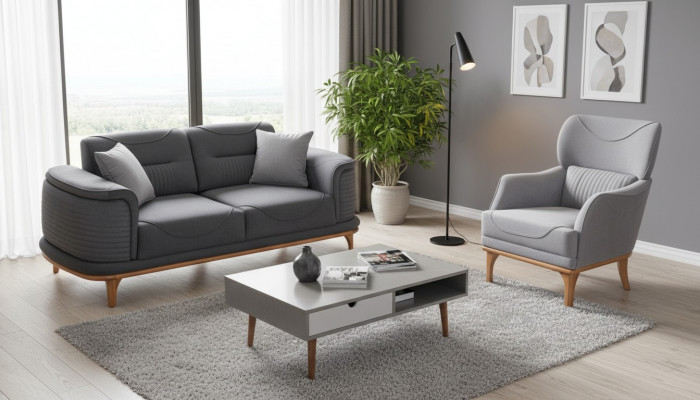 Modernt grott 2-deeliege Wunnzëmmer-Set Dräisëtzersofa an Fauteuil