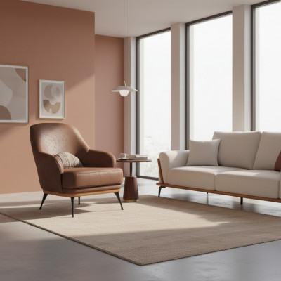 Gemittlechen Designer-Sëtz aus brongem Stoff fir d'Wunnzëmmer Nei