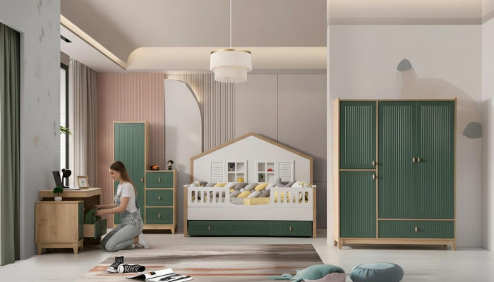 Kandeskummer-Set Besteet aus Bett 2x Kleederschaf an Schreifdësch