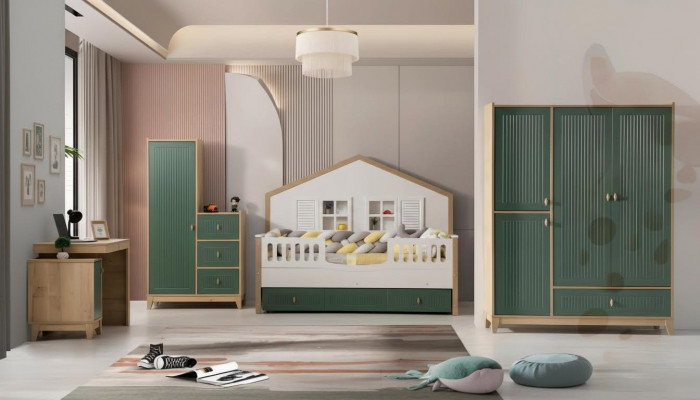 Kandeskummer-Set Besteet aus Bett 2x Kleederschaf an Schreifdësch