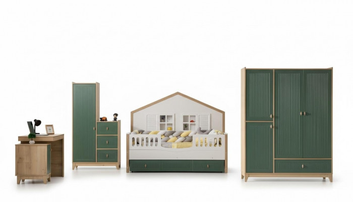 Kandeskummer-Set Besteet aus Bett 2x Kleederschaf an Schreifdësch