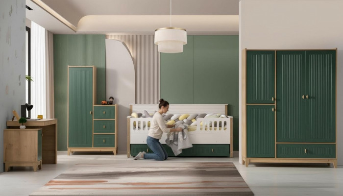 Stilvoll Kannerzëmmer Set besteet aus Bett 2x Kleederschaf Schreifdësch