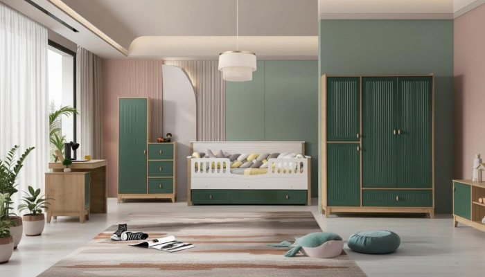 Stilvoll Kannerzëmmer Set besteet aus Bett 2x Kleederschaf Schreifdësch