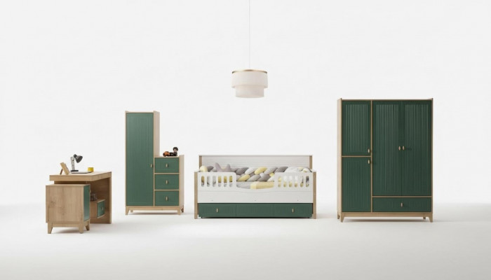 Stilvoll Kannerzëmmer Set besteet aus Bett 2x Kleederschaf Schreifdësch