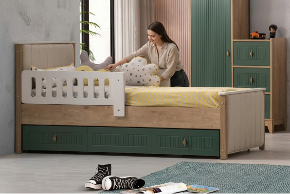 Stilvoll Kannerbett 200 cm Jugendbett Holz Kannerzëmmer Stoff Modern.
