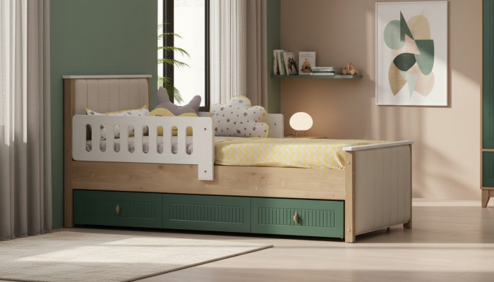 Stilvoll Kannerbett 200 cm Jugendbett Holz Kannerzëmmer Stoff Modern.