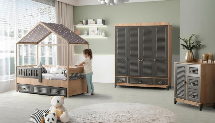 Grau Jugendzëmmer Set Kannerzëmmer Kommode Schaf a Bett 3 Deeler.