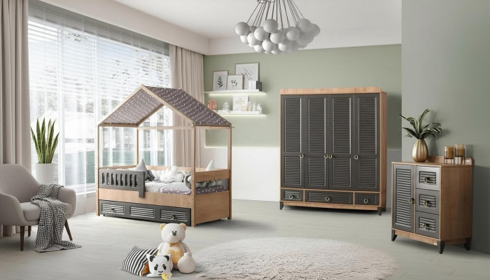 Grau Jugendzëmmer Set Kannerzëmmer Kommode Schaf a Bett 3 Deeler.