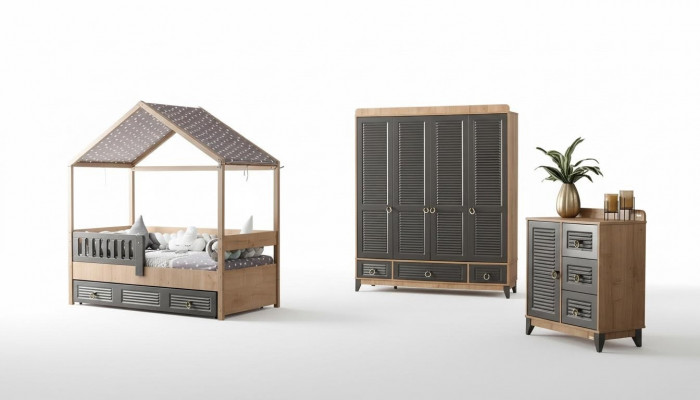 Grau Jugendzëmmer Set Kannerzëmmer Kommode Schaf a Bett 3 Deeler.